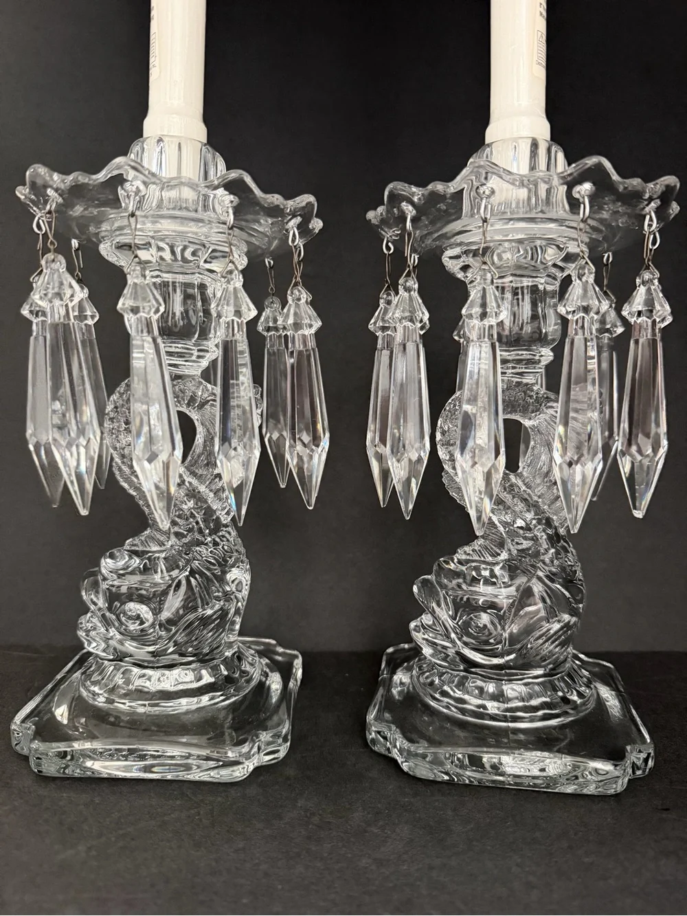 Pair of Cambridge Glass Candle Holders Fish Figure Bases w/Crystal Prisms 9,5